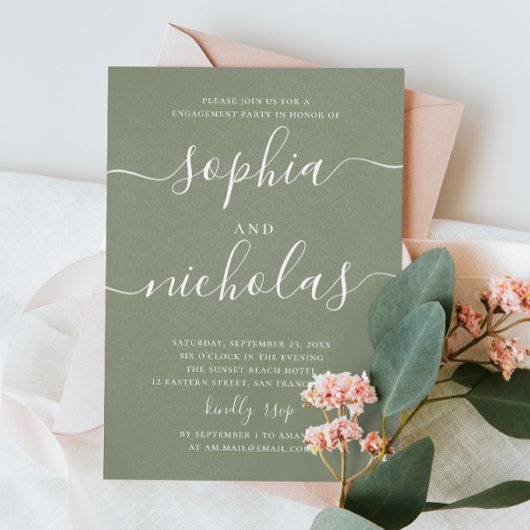 Pastel sage groen eenvoudig script verlovingsfeest kaart