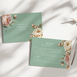 Pastel Sage Groene en Blush Roze Pioenrozen RSVP-k Bedankkaart