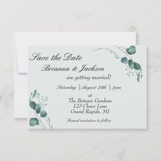 Pastel Sage Groene Eucalyptus Bruiloft Save The Date (Voorkant)