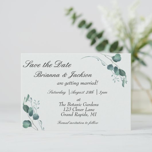 Pastel Sage Groene Eucalyptus Bruiloft Save The Date (Staand voorkant)