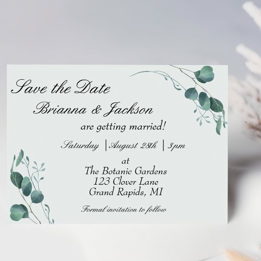 Pastel Sage Groene Eucalyptus Bruiloft Save The Date