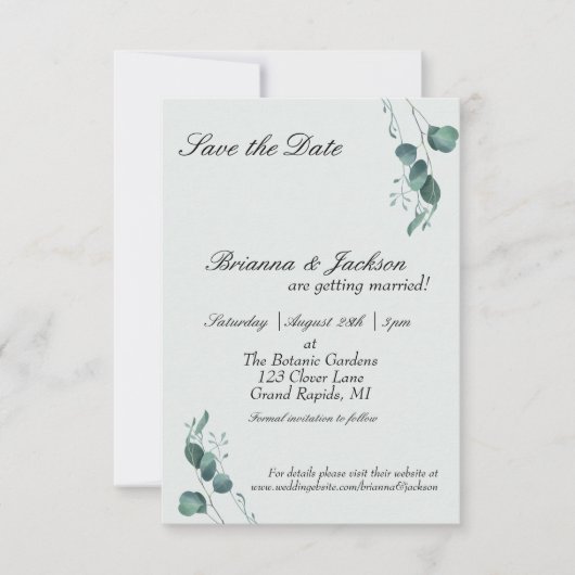 Pastel Sage Groene Eucalyptus Bruiloft Save The Date (Voorkant)