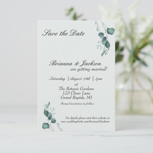 Pastel Sage Groene Eucalyptus Bruiloft Save The Date (Staand voorkant)