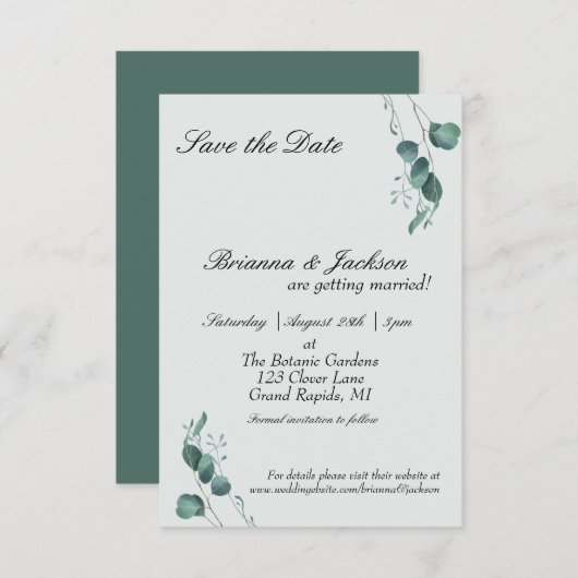 Pastel Sage Groene Eucalyptus Bruiloft Save The Date (Voorkant / Achterkant)