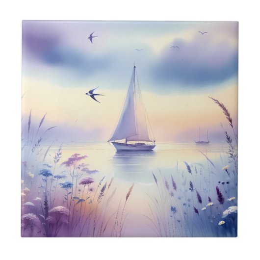 Pastel Sailboat Coastal Dreamscape Tegeltje (Voorkant)