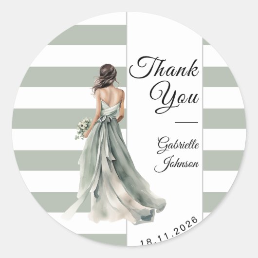 Pastel Salie Groene Strepen Bruid Bruiloft Bridal  Ronde Sticker (Voorkant)