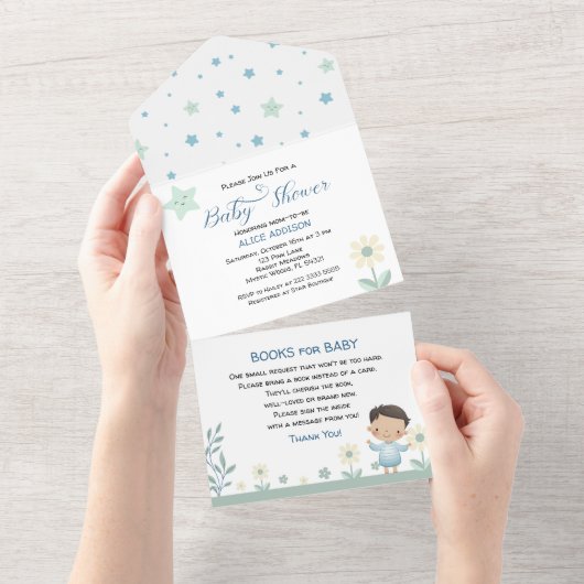 Pastel Saliegroen Schattig Jochie met Sterren en B All In One Uitnodiging (Afscheurbaar)