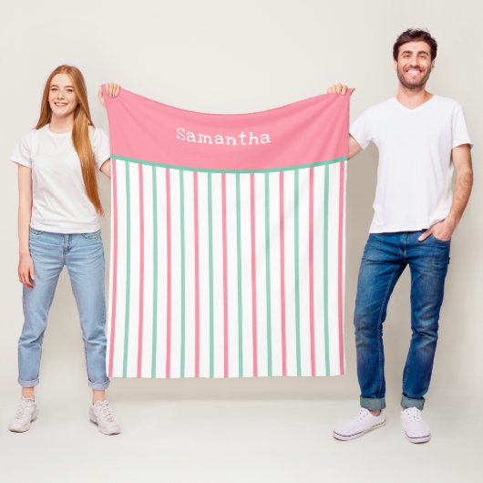 Pastel Salmon Roze Blauwgroen Groene Strepen Naam Fleece Deken (In situ)