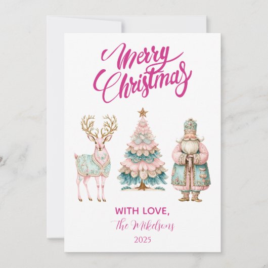 Pastel Santa and Reindeer Christmas Feestdagenkaart (Voorkant)