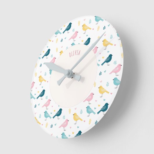 Pastel Scandi Birds Pattern Custom Name Nursery Ronde Klok (Hoek)