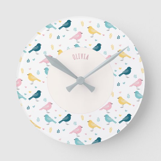 Pastel Scandi Birds Pattern Custom Name Nursery Ronde Klok (Voorkant)