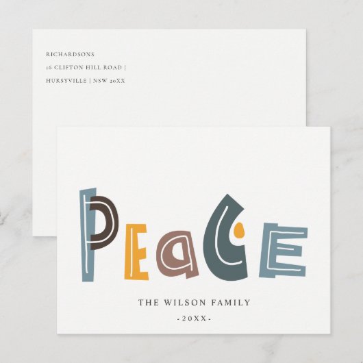 Pastel Scandi Geel Grijs Tekst Vrede Kerstmis Feestdagenkaart (Voorkant / Achterkant)