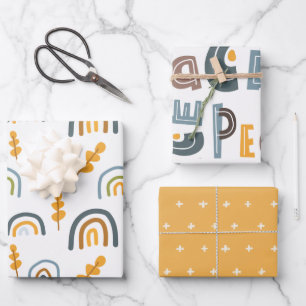 Pastel Scandi Rainbow Tree Text Peace Kerstmis Inpakpapier Vel