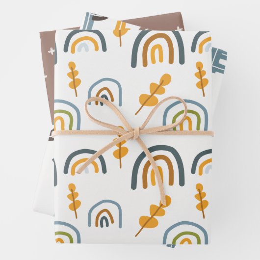 Pastel Scandi Rainbow Tree Text Peace Kerstmis Inpakpapier Vel (In situ)