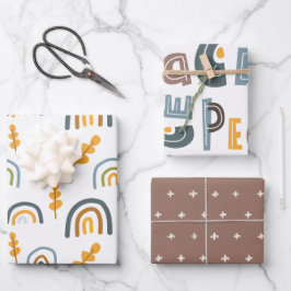 Pastel Scandi Rainbow Tree Text Peace Kerstmis Inpakpapier Vel