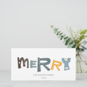 Pastel Scandi Yellow Grey Text Merry Kerstry Feestdagenkaart (Staand voorkant)