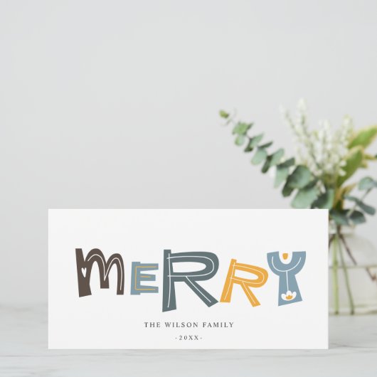 Pastel Scandi Yellow Grey Text Merry Kerstry Feestdagenkaart (Staand voorkant)