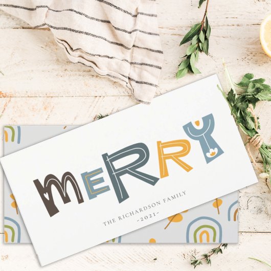Pastel Scandi Yellow Grey Text Merry Kerstry Feestdagenkaart