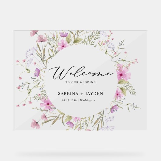 Pastel schaduw roze wilde bloemen bruiloft welkom acryl bord (Voorkant)