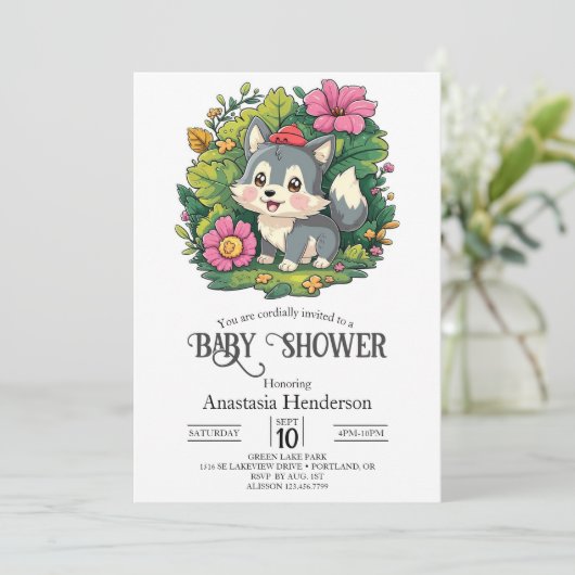 Pastel Schattig Wolf Baby shower Digitaal Kaart (Staand voorkant)