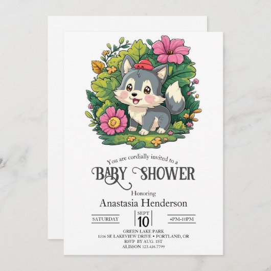 Pastel Schattig Wolf Baby shower Digitaal Kaart (Voorkant / Achterkant)