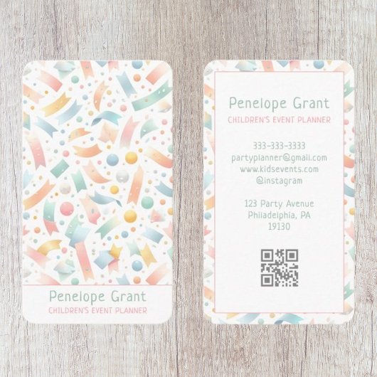 Pastel Schattige Confetti Kinder Feest en Event Pl Visitekaartje