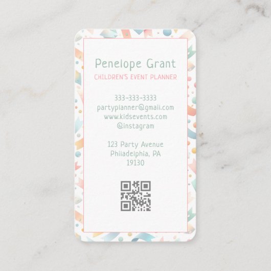 Pastel Schattige Confetti Kinder Feest en Event Pl Visitekaartje (Achterkant)