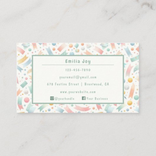 Pastel Schattige Confetti Waterverf Party en Event Visitekaartje (Achterkant)