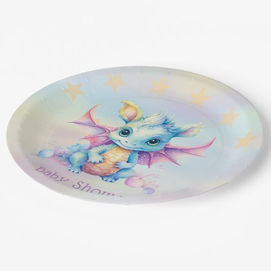 Pastel Schattige Dragon Meisje Baby shower Papieren Bordje (Gekanteld)