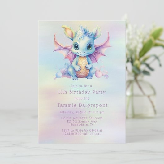 Pastel Schattige Dragon Meisje Verjaardagsfeestje Kaart (Staand voorkant)