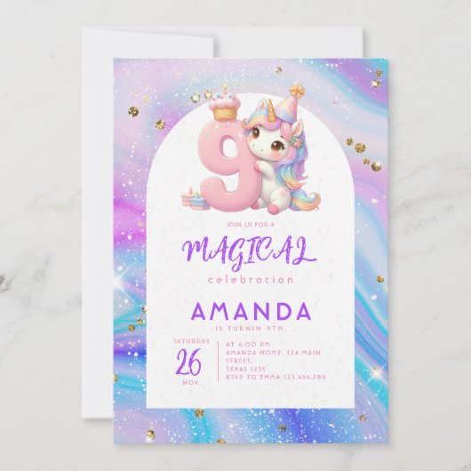 Pastel Schattige Eenhoorn Meisje 9e Verjaardag Uit Kaart (Voorkant)