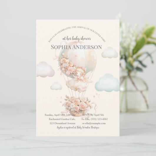 Pastel Schattige Fairy Hete Luchtballon Baby showe Kaart (Staand voorkant)