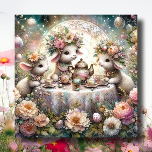 Pastel Schattige Lamb Easter Tea Party Feestdagenkaart
