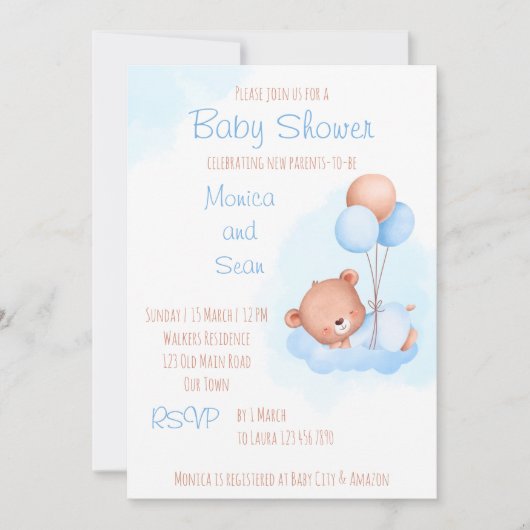 Pastel schattige tederbeer met baby shower van bal kaart (Voorkant)