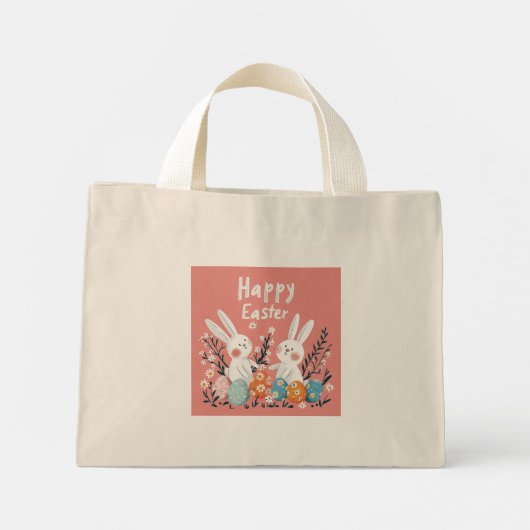 Pastel Schattige Twee Bunny Illustration Canvas ta Mini Tote Bag (Achterkant)