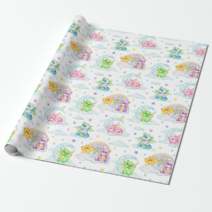 Pastel Schattigee draken en regenbogen Cadeaupapier
