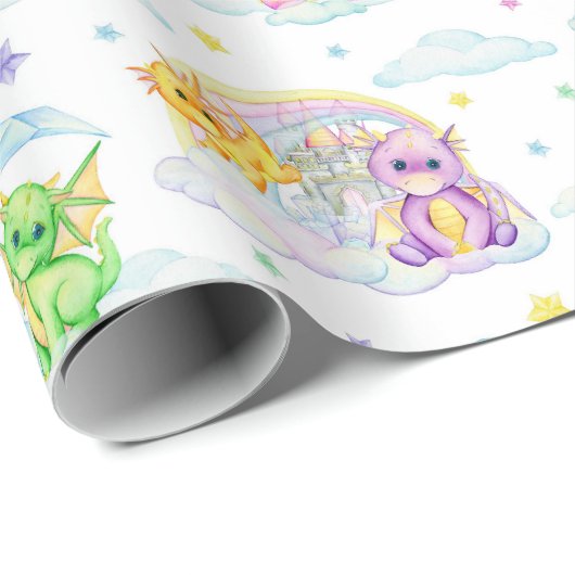 Pastel Schattigee draken en regenbogen Cadeaupapier (Rol Hoek)