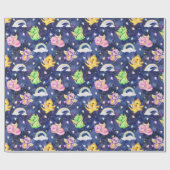 Pastel Schattigee draken en regenbogen donkerblauw Cadeaupapier (Vlak)