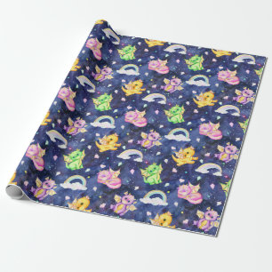 Pastel Schattigee draken en regenbogen donkerblauw Cadeaupapier