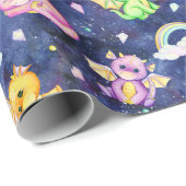 Pastel Schattigee draken en regenbogen donkerblauw Cadeaupapier (Rol Hoek)