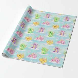 Pastel Schattigee draken en wolken lichtblauw Cadeaupapier