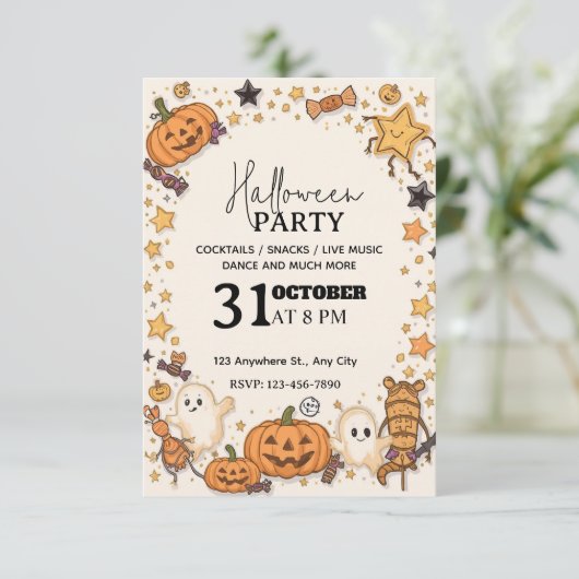 Pastel Schattigee Halloween Party Invitation – Bew Kaart (Staand voorkant)