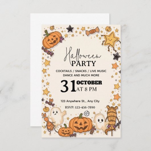 Pastel Schattigee Halloween Party Invitation – Bew Kaart (Voorkant / Achterkant)