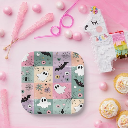 Pastel Schattigee Halloween Spooky Ghost Geruit Papieren Bordje (Feest)