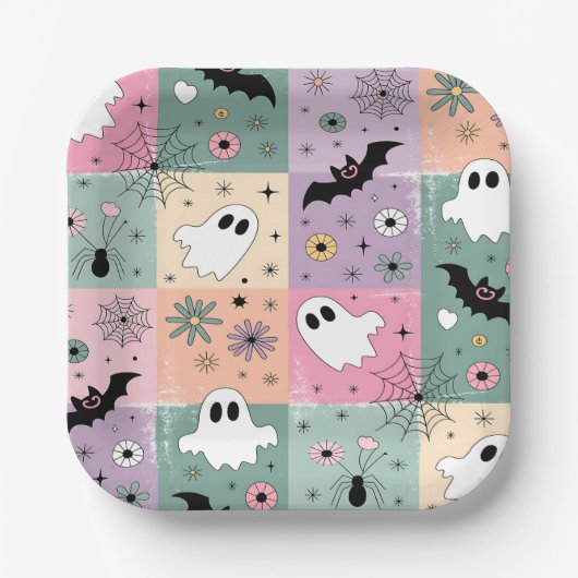 Pastel Schattigee Halloween Spooky Ghost Geruit Papieren Bordje (Voorkant)