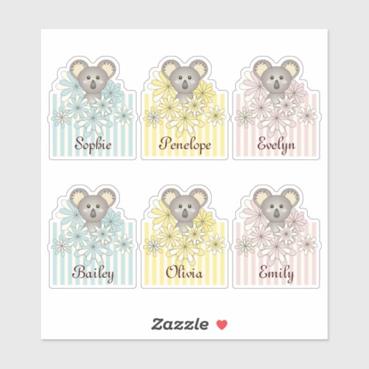 Pastel Schattigee Koala Dier Kinder Naam Partij Fa Sticker (Vel)