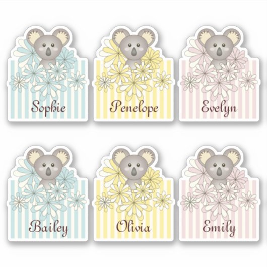 Pastel Schattigee Koala Dier Kinder Naam Partij Fa Sticker (Voorkant)