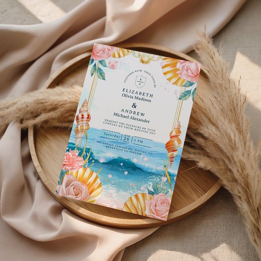 Pastel Schelp Kustwateren Bruiloft Kaart