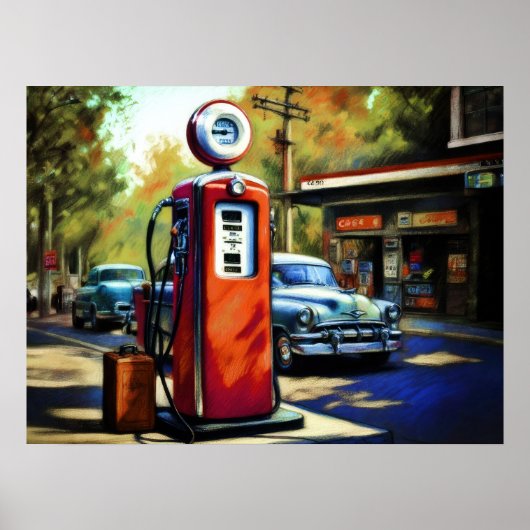 Pastel schets benzinestation auto's poster (Voorkant)