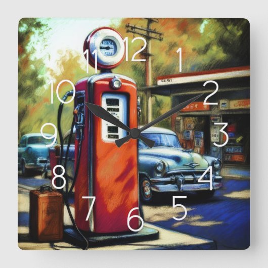 Pastel schets vintage benzinestation auto's vierkante klok (Voorkant)
